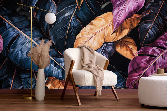 Dark Tropical Colorful Palm Floral Wallpaper – peel and stick wallpaper mural, Golden Era Walls