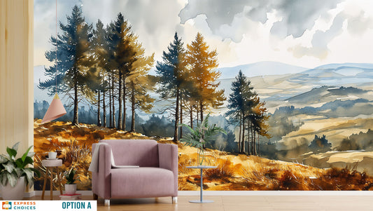 Forest Watercolor foggy Pine Wallpaper – peel and stick wallpaper mural, Golden Era Walls