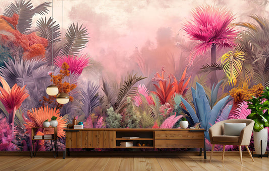 Pink Rainforest Landscape Watercolors Tropical Wallpaper – peel and stick wallpaper mural, Golden Era Walls