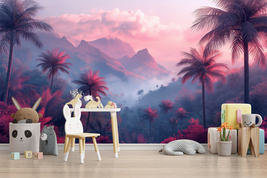 Pink Palm Trees Foggy Tropical Wallpaper – room setting, Golden Era Walls