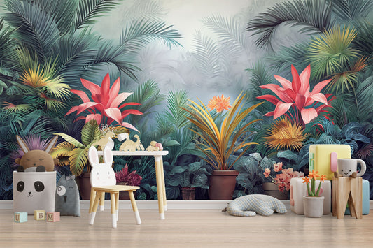 Self Adhesive Vibrant Tropical Floral Wallpaper – peel and stick wallpaper mural, Golden Era Walls