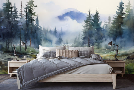 Watercolor Pine Tree Forest Wallpaper – peel and stick wallpaper mural, Golden Era Walls