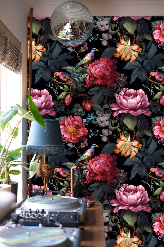 Vintage Dark Floral Elegant Floral Wallpaper – peel and stick wallpaper mural, Golden Era Walls
