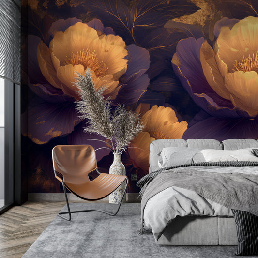 Elegant Peony Blossom Abstract Floral Wallpaper – peel and stick wallpaper mural, Golden Era Walls