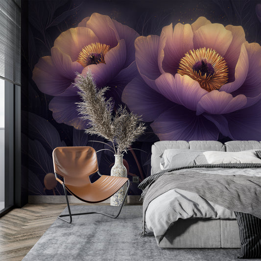 Modern Abstract Peonies Floral Floral Wallpaper – peel and stick wallpaper mural, Golden Era Walls