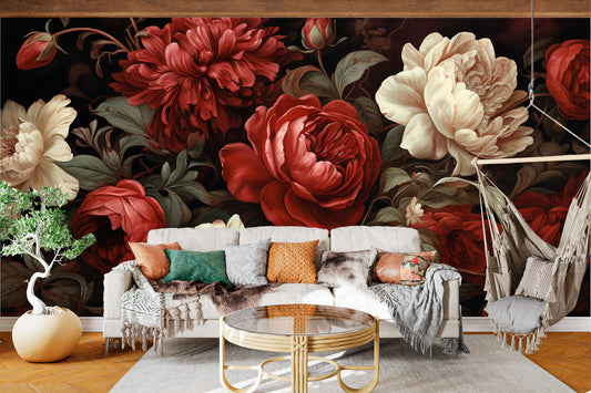 Rich Floral Deep Ruby Floral Wallpaper – peel and stick wallpaper mural, Golden Era Walls