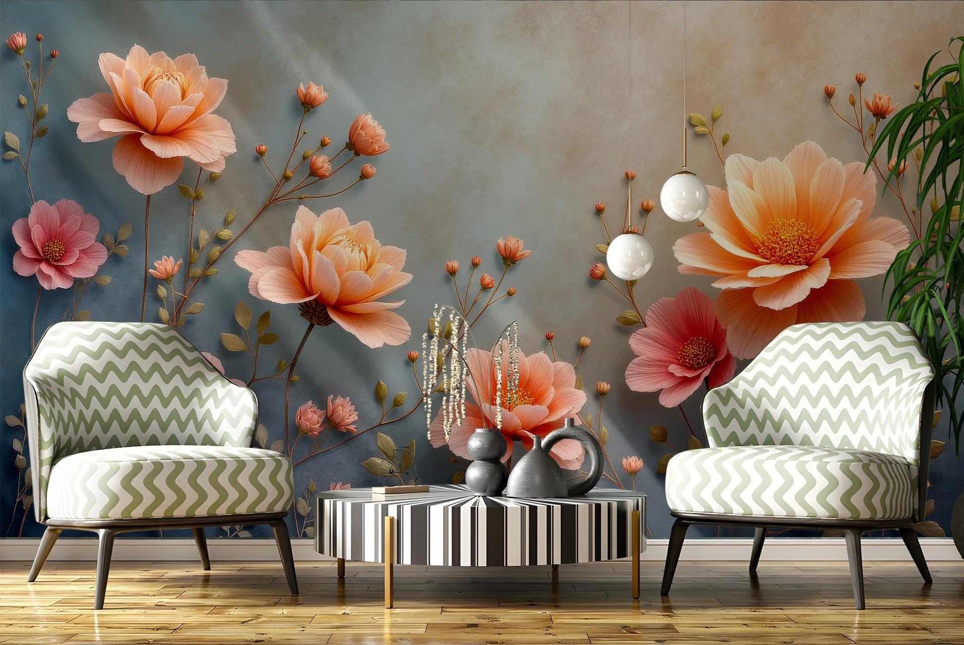 Peach Floral Elegant Temporary Floral Wallpaper – peel and stick wallpaper mural, Golden Era Walls