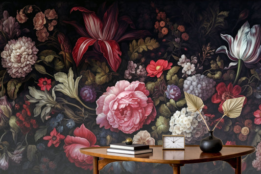 Watercolor Dark Peony Floral Floral Wallpaper – peel and stick wallpaper mural, Golden Era Walls