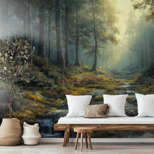 Romantic Forest Lush Greenery Wallpaper – lifestyle view, Golden Era Walls