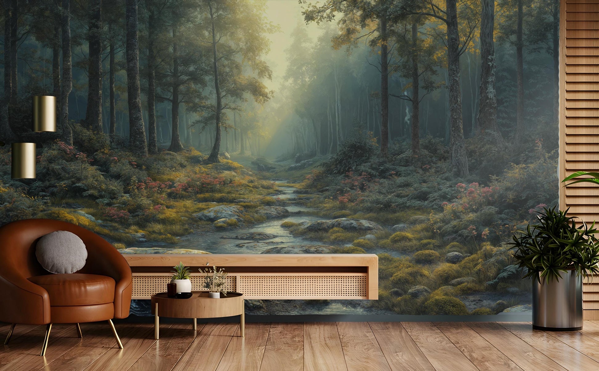 Romantic Forest Lush Greenery Wallpaper – room setting, Golden Era Walls