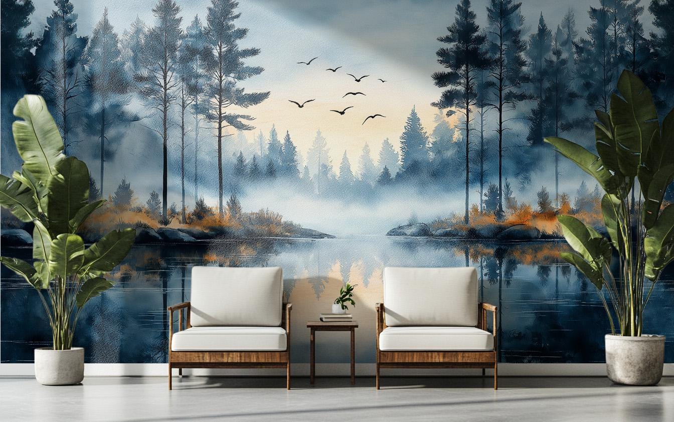 Scandinavian Pine Forest Art Wallpaper – lifestyle view, Golden Era Walls