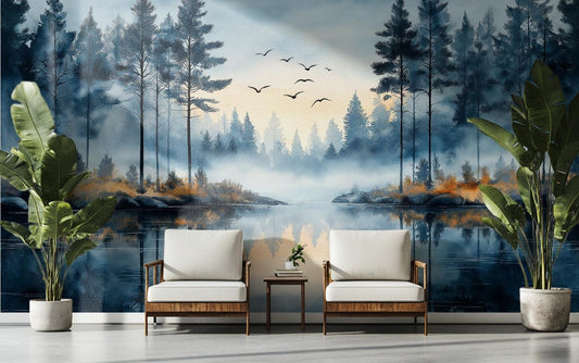 Scandinavian Pine Forest Art Wallpaper – lifestyle view, Golden Era Walls