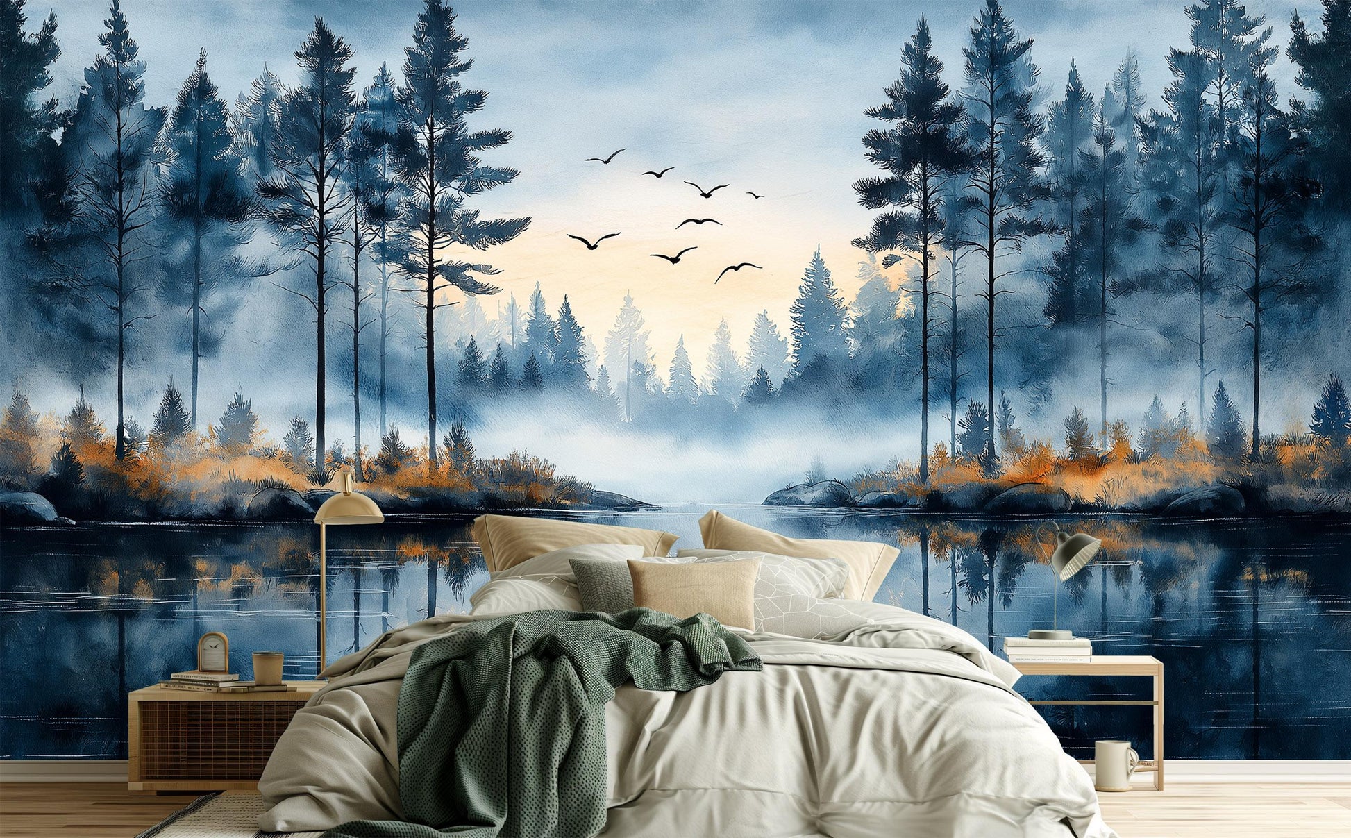 Scandinavian Pine Forest Art Wallpaper – scale reference, Golden Era Walls