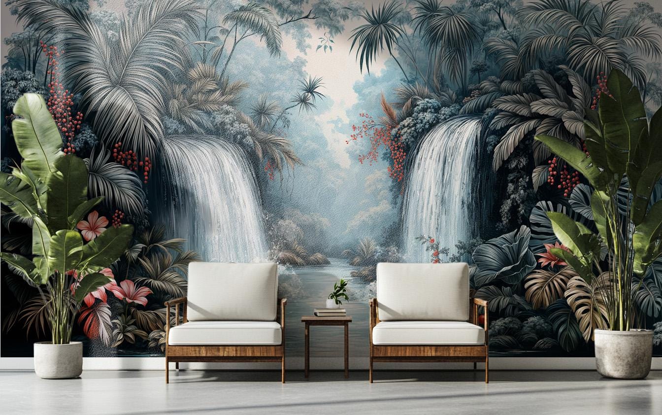 Scenic Gray Tropical Twin Floral Wallpaper – scale reference, Golden Era Walls