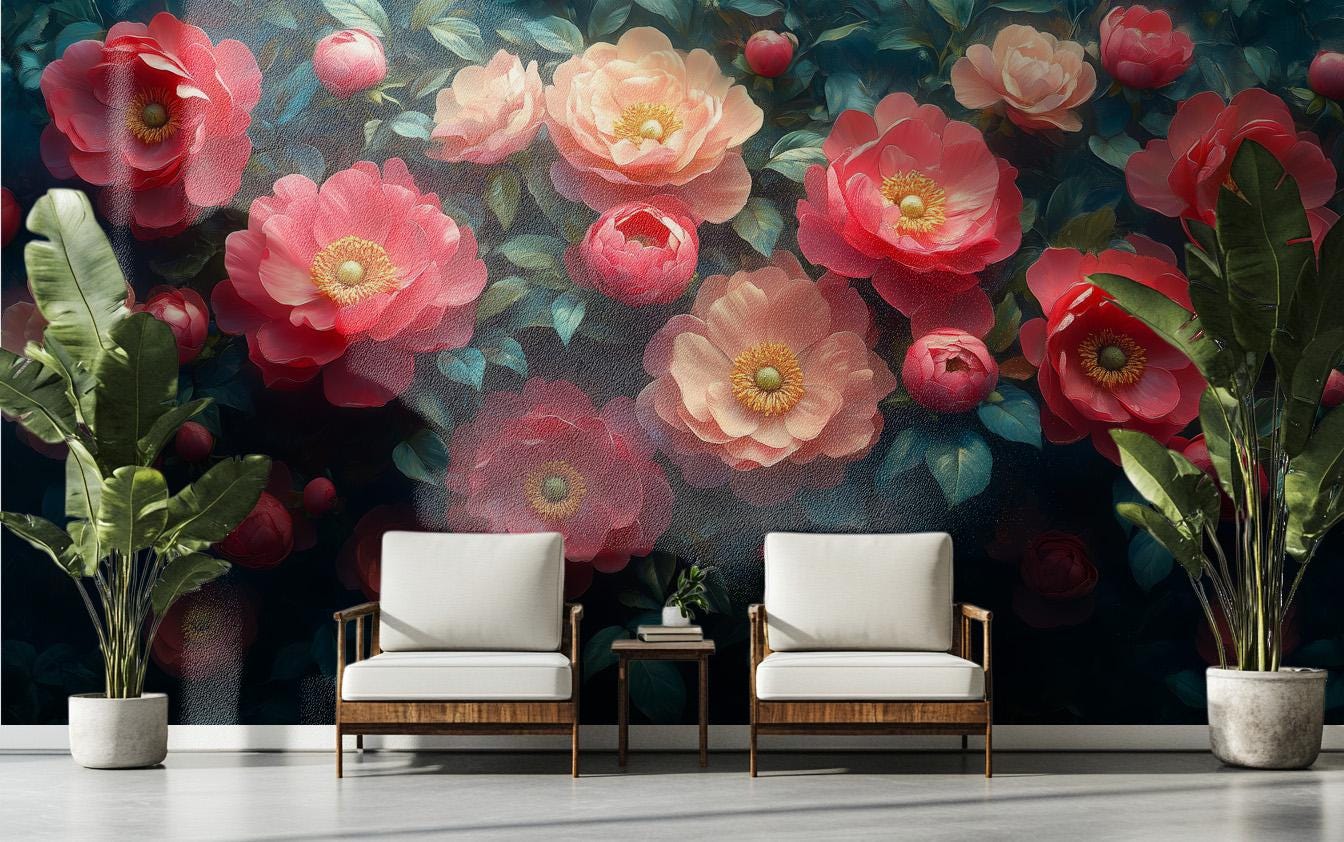 Peony Floral Renter Friendly Floral Wallpaper – detail view, Golden Era Walls
