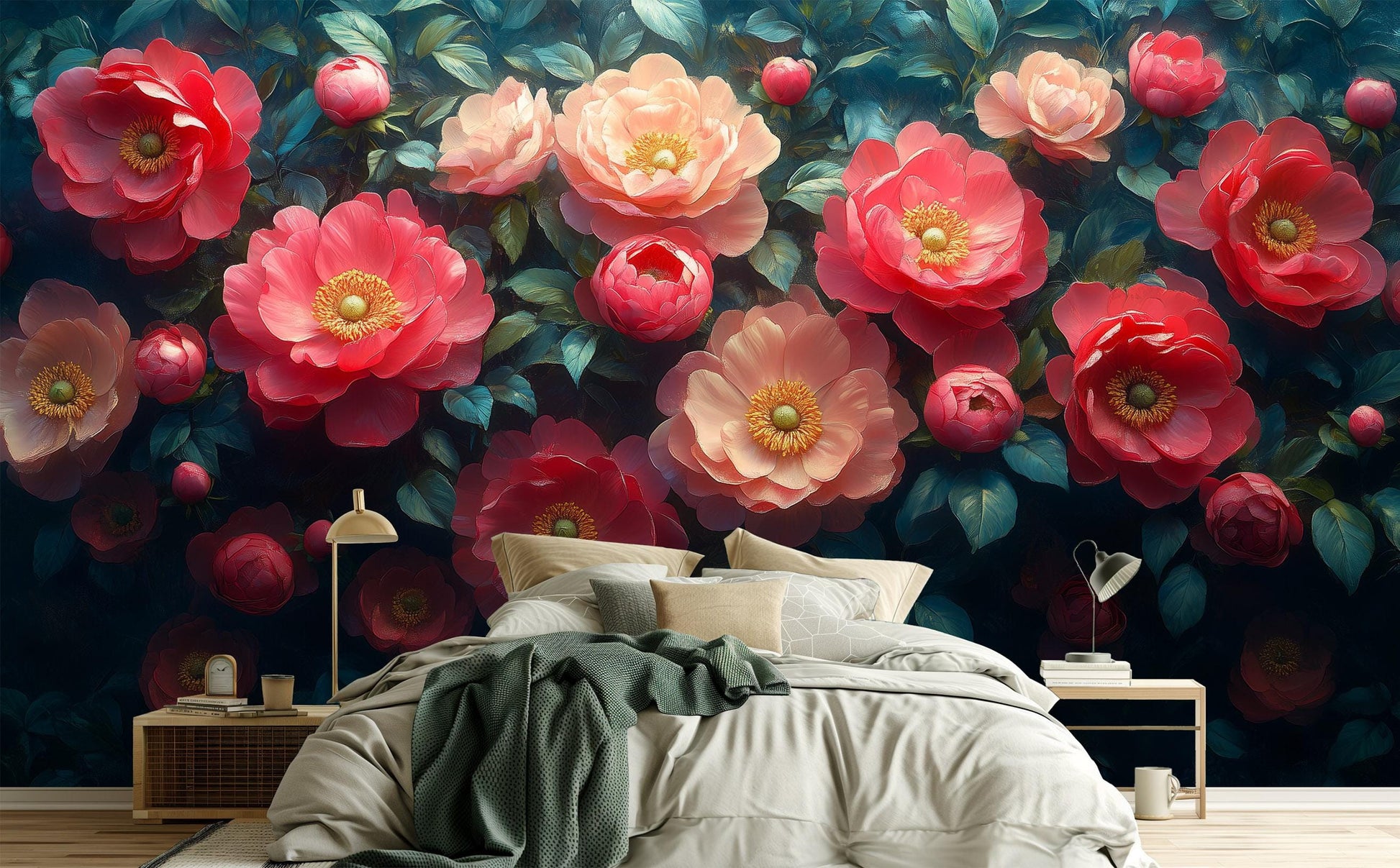 Peony Floral Renter Friendly Floral Wallpaper – room setting, Golden Era Walls