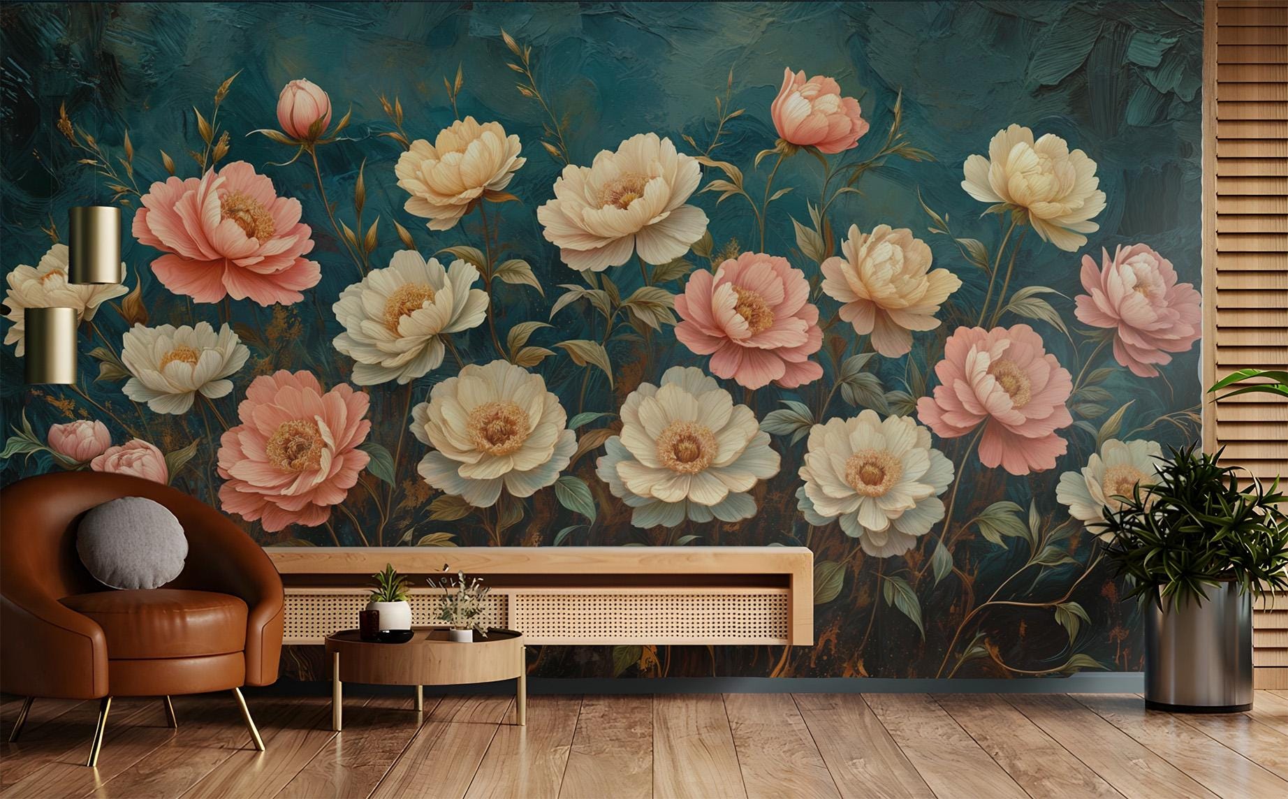 Peony Floral Renter Friendly Floral Wallpaper – detail view, Golden Era Walls