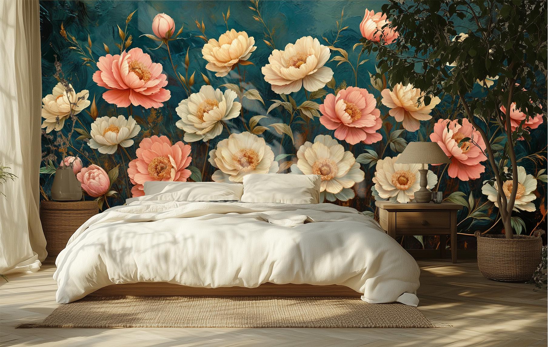 Peony Floral Renter Friendly Floral Wallpaper – scale reference, Golden Era Walls