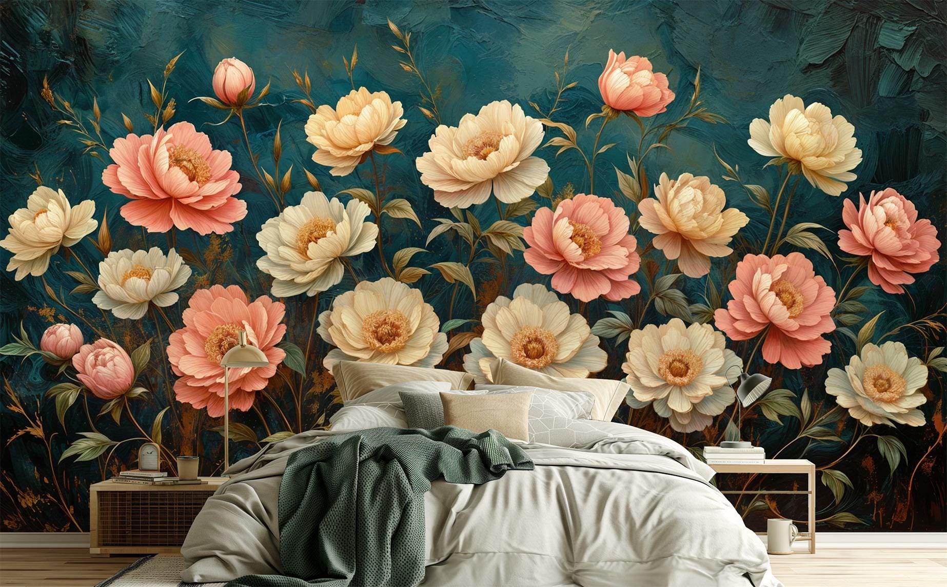 Peony Floral Renter Friendly Floral Wallpaper – lifestyle view, Golden Era Walls