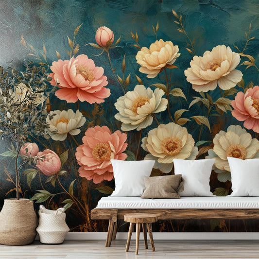 Peony Floral Renter Friendly Floral Wallpaper – room setting, Golden Era Walls