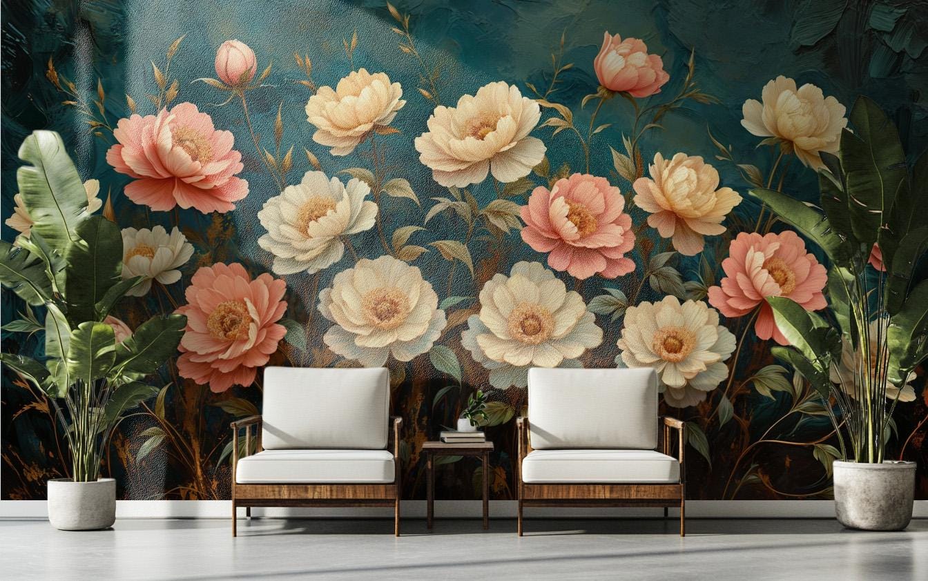 Peony Floral Renter Friendly Floral Wallpaper – peel and stick wallpaper mural, Golden Era Walls