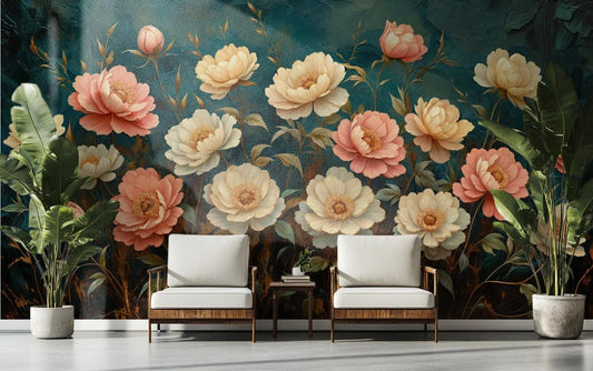 Peony Floral Renter Friendly Floral Wallpaper – peel and stick wallpaper mural, Golden Era Walls