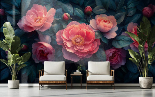 Peony Floral Renter Friendly Floral Wallpaper – detail view, Golden Era Walls