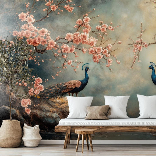 Peacock Cherry Blossom Elegant Floral Wallpaper – room setting, Golden Era Walls