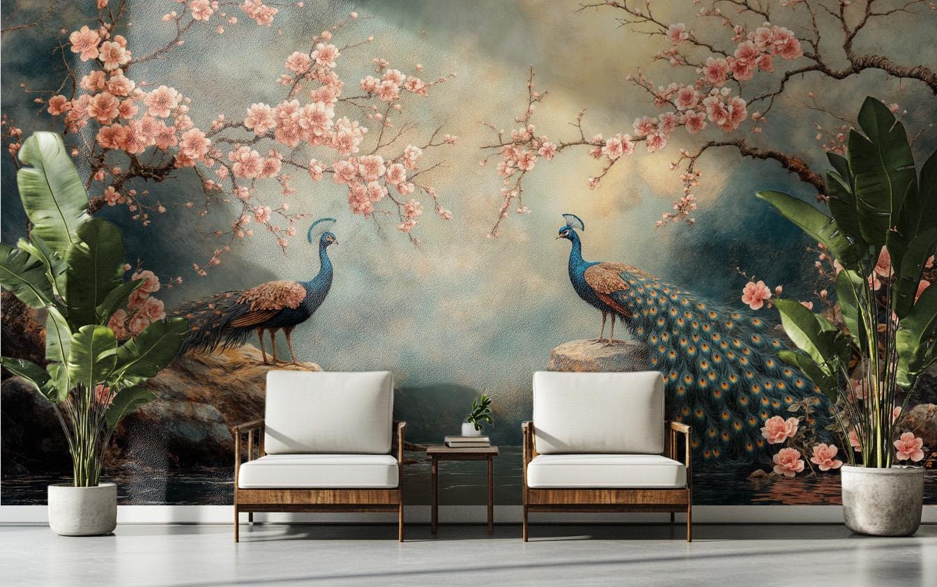 Peacock Cherry Blossom Elegant Floral Wallpaper – peel and stick wallpaper mural, Golden Era Walls