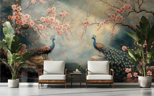 Peacock Cherry Blossom Elegant Floral Wallpaper – peel and stick wallpaper mural, Golden Era Walls