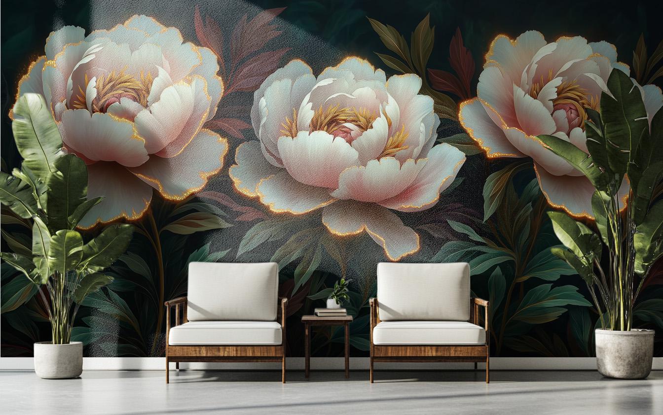 Elegant Peony Luxury 3D Floral Wallpaper – lifestyle view, Golden Era Walls