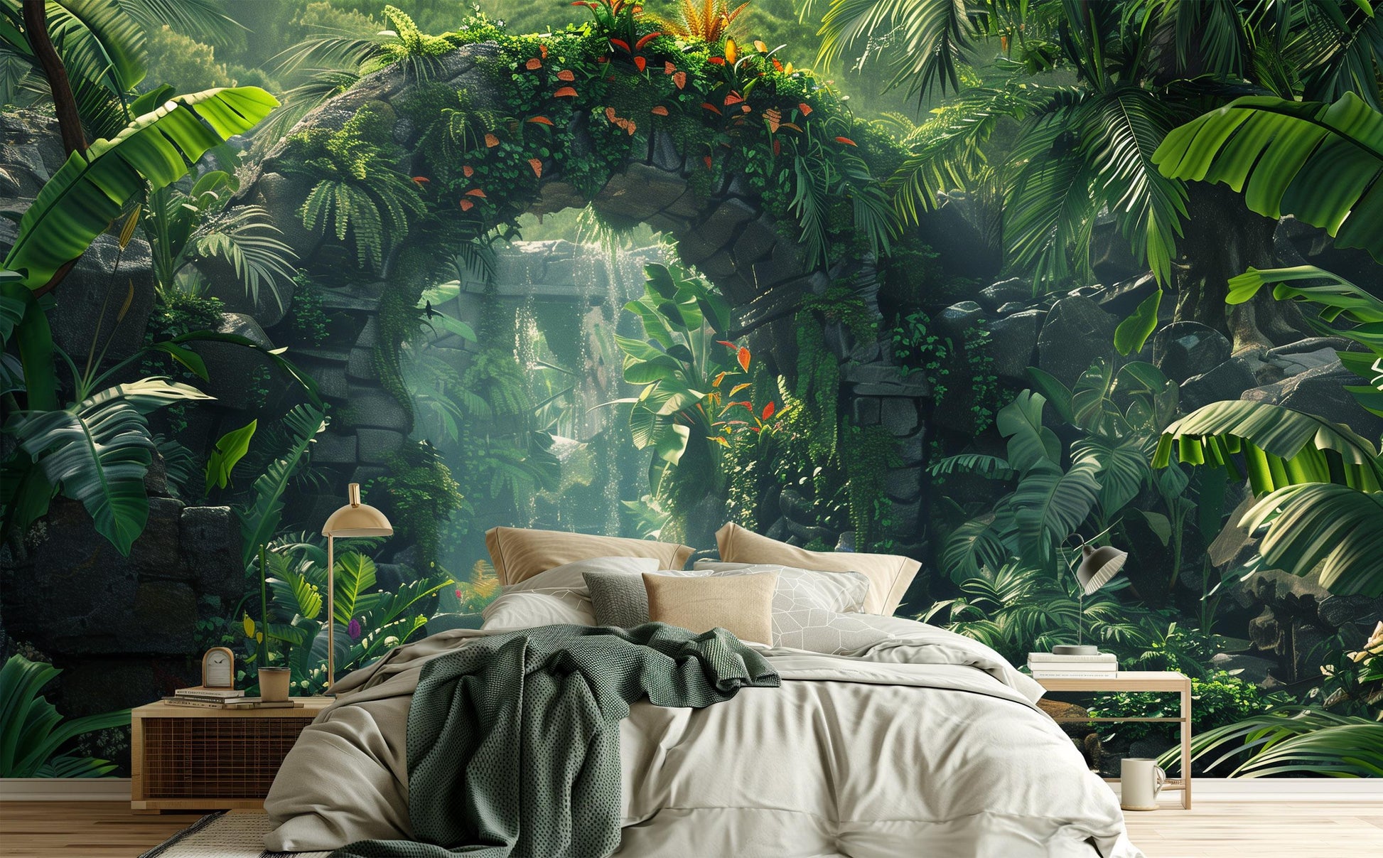 Lush Tropical Jungle Exotic Marble Wallpaper – room setting, Golden Era Walls