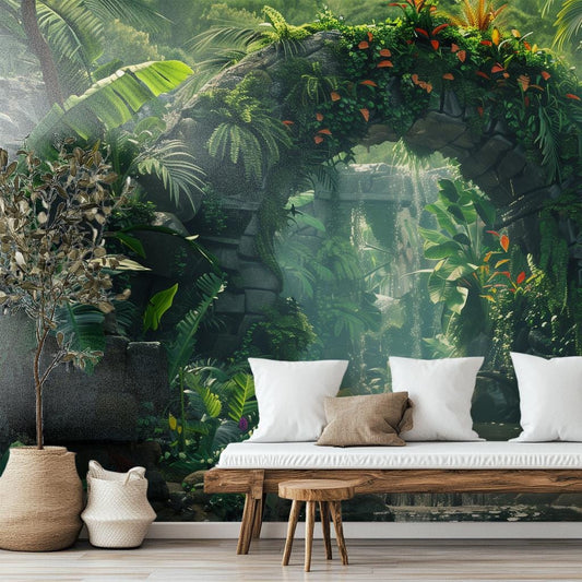 Lush Tropical Jungle Exotic Marble Wallpaper – peel and stick wallpaper mural, Golden Era Walls