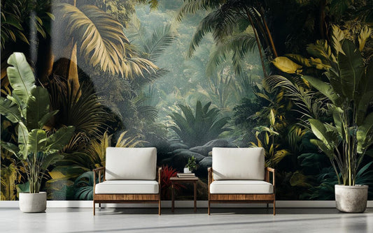 Lush Tropical Jungle Exotic Floral Wallpaper – room setting, Golden Era Walls