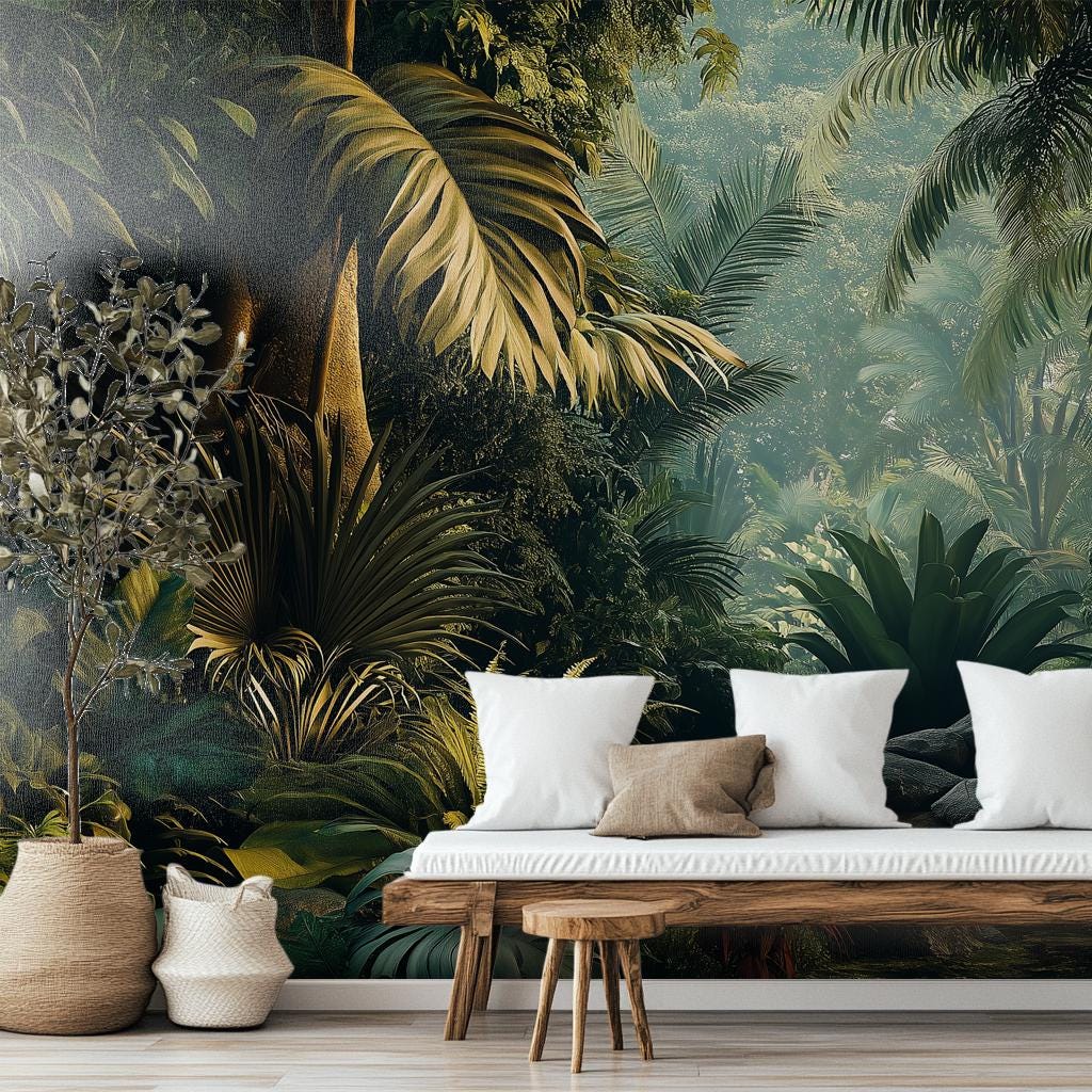 Lush Tropical Jungle Exotic Floral Wallpaper – detail view, Golden Era Walls