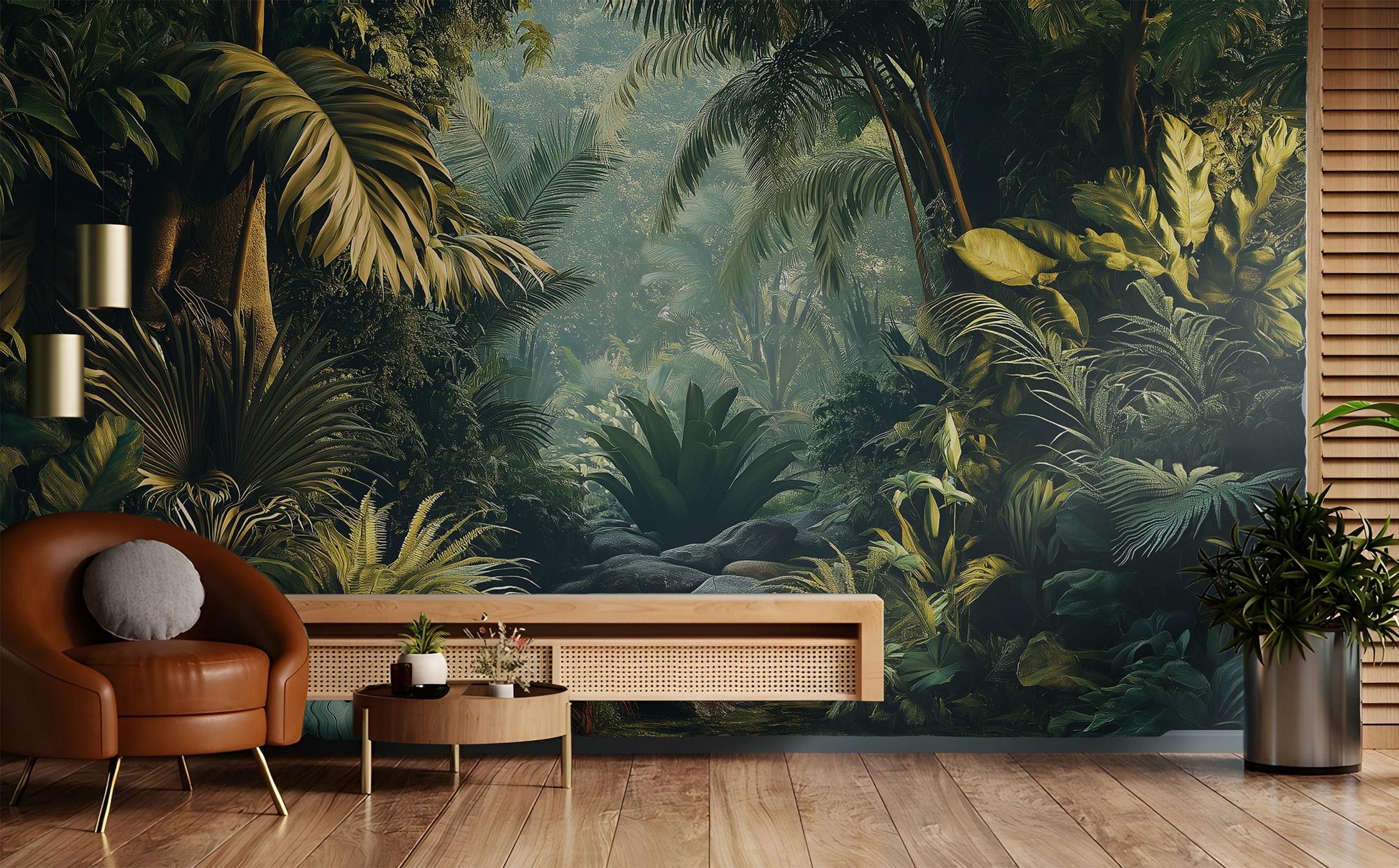 Lush Tropical Jungle Exotic Floral Wallpaper – lifestyle view, Golden Era Walls