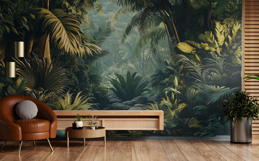 Lush Tropical Jungle Exotic Floral Wallpaper – lifestyle view, Golden Era Walls
