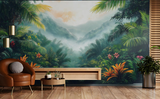 Lush Tropical Jungle Misty Floral Wallpaper – room setting, Golden Era Walls