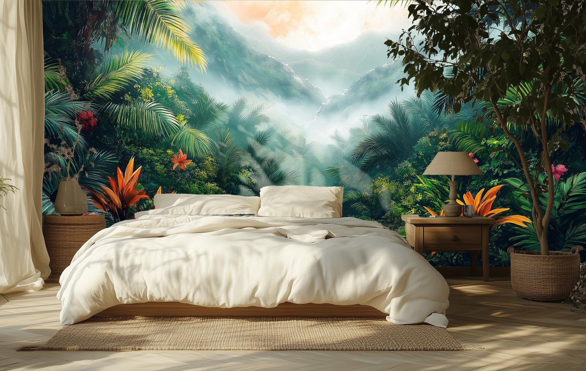 Lush Tropical Jungle Misty Floral Wallpaper – scale reference, Golden Era Walls