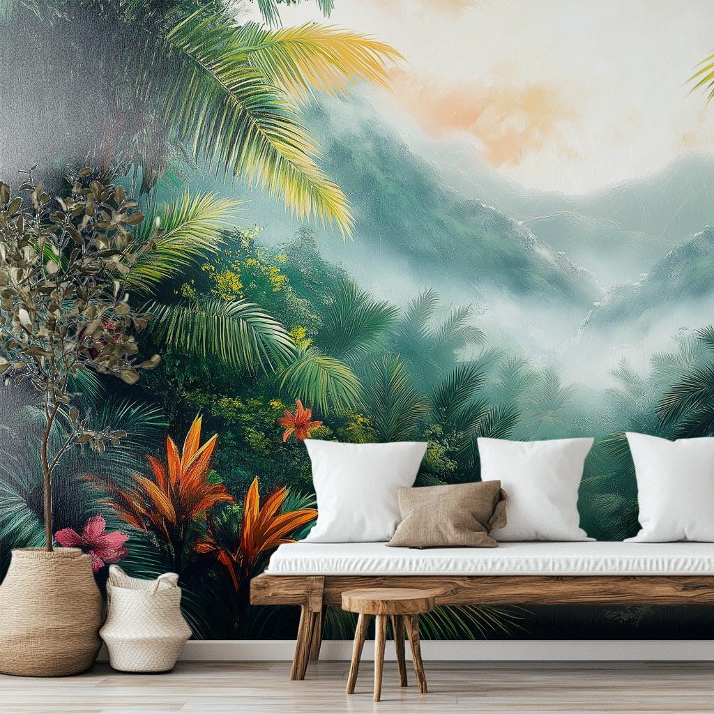 Lush Tropical Jungle Misty Floral Wallpaper – lifestyle view, Golden Era Walls