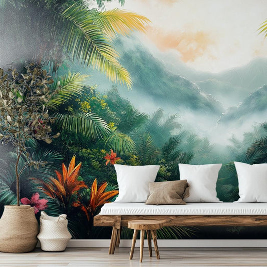 Lush Tropical Jungle Misty Floral Wallpaper – lifestyle view, Golden Era Walls