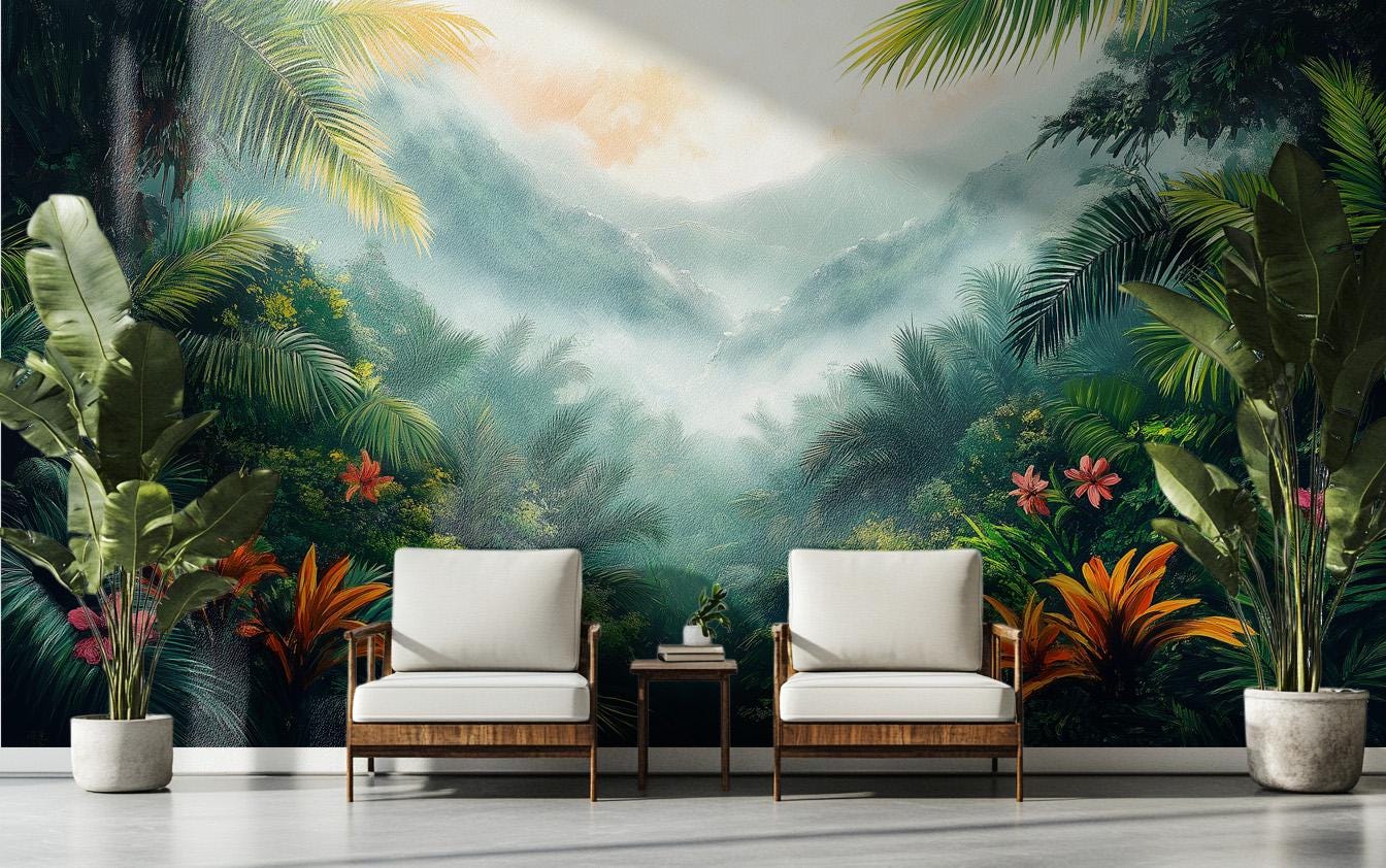 Lush Tropical Jungle Misty Floral Wallpaper – detail view, Golden Era Walls