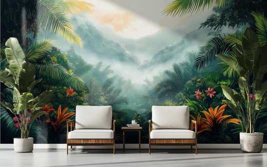 Lush Tropical Jungle Misty Floral Wallpaper – detail view, Golden Era Walls