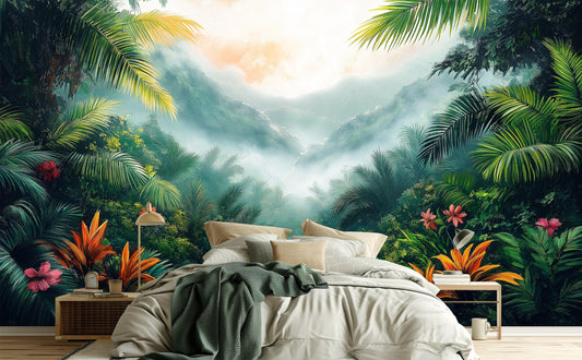 Lush Tropical Jungle Misty Floral Wallpaper – peel and stick wallpaper mural, Golden Era Walls