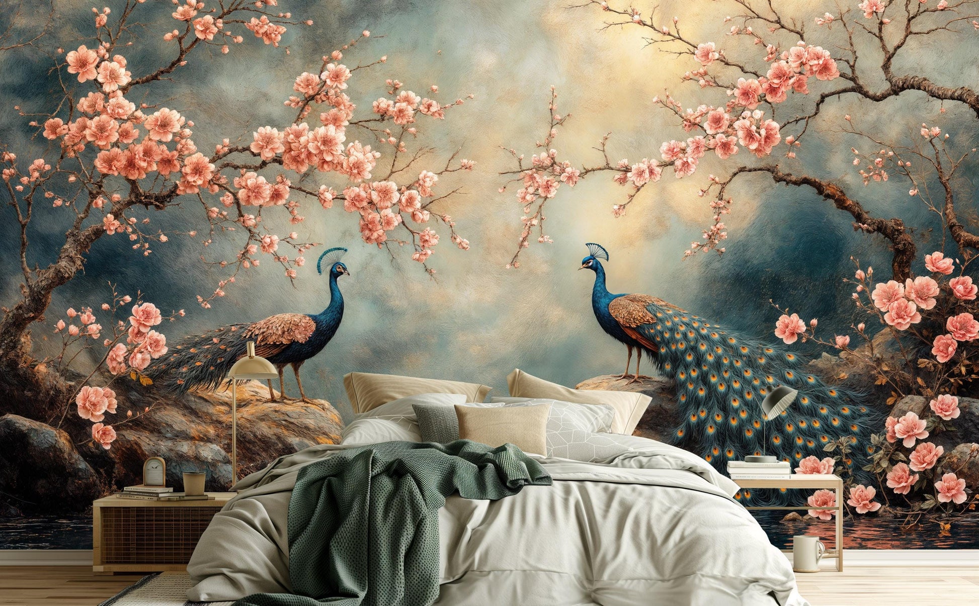 Peacock Cherry Blossom Elegant Floral Wallpaper – lifestyle view, Golden Era Walls
