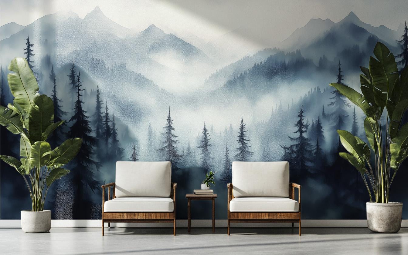 Misty Mountain Forest Renter Floral Wallpaper – room setting, Golden Era Walls