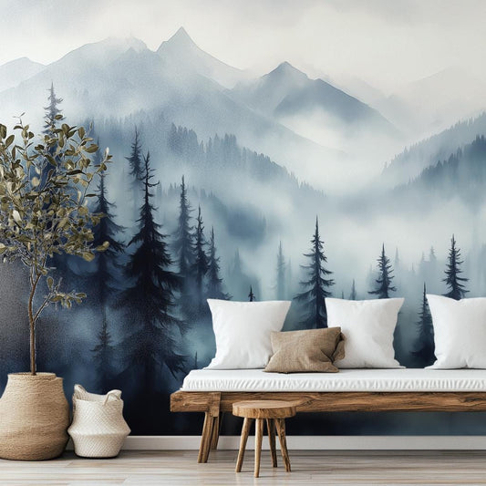 Misty Mountain Forest Renter Floral Wallpaper – peel and stick wallpaper mural, Golden Era Walls