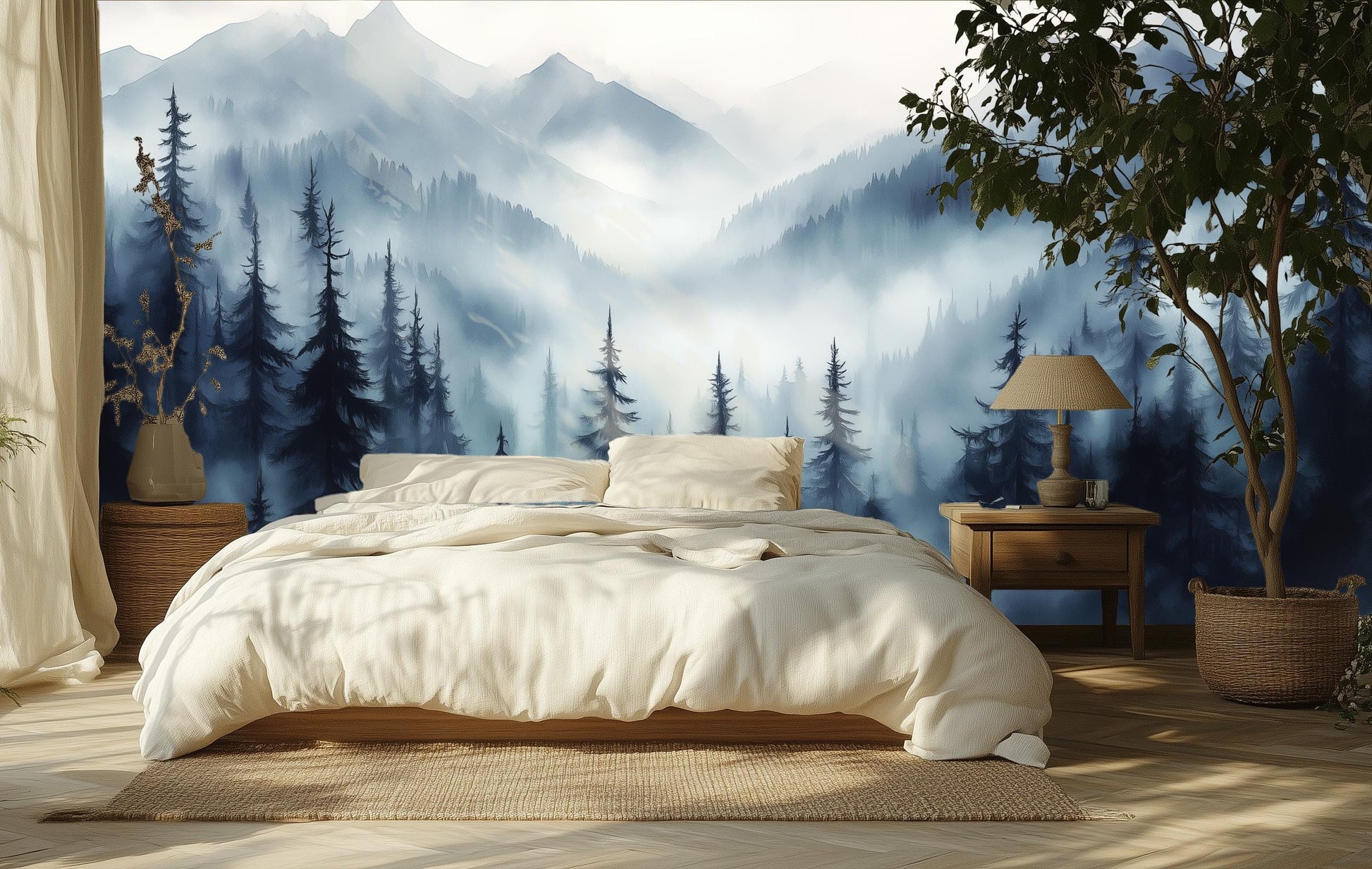 Misty Mountain Forest Renter Floral Wallpaper – scale reference, Golden Era Walls