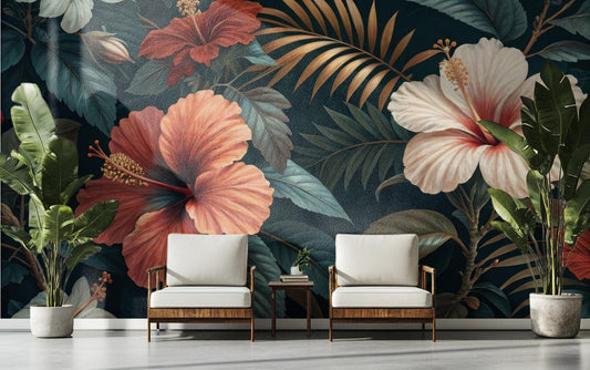 Tropical Botanical Elegant Floral Wallpaper – lifestyle view, Golden Era Walls