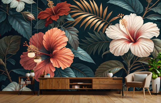 Tropical Botanical Elegant Floral Wallpaper – detail view, Golden Era Walls